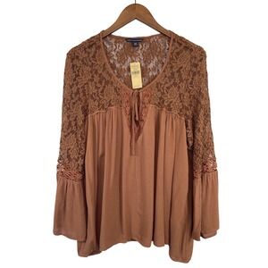 American Eagle BohO Lace Bell Sleeve Top XL Brown Peasant Whimsical Ethereal
